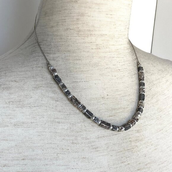 Oxidized Sterling Silver 925 Floral Stamped Rectangular Beaded Pearl Necklace - Picture 3 of 16